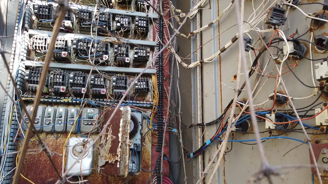 Old wiring tangled through an open cabinet