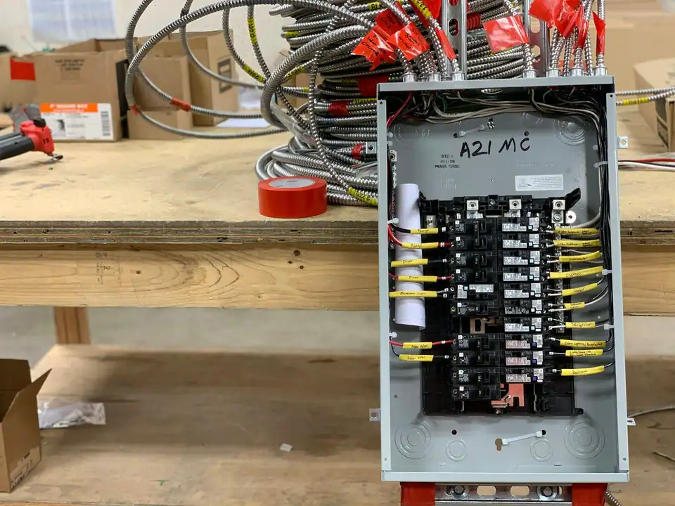 A new breaker panel on a workbench, every wire labeled