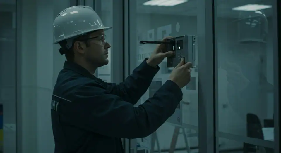 An electrician checking a wall device in a dim corridor