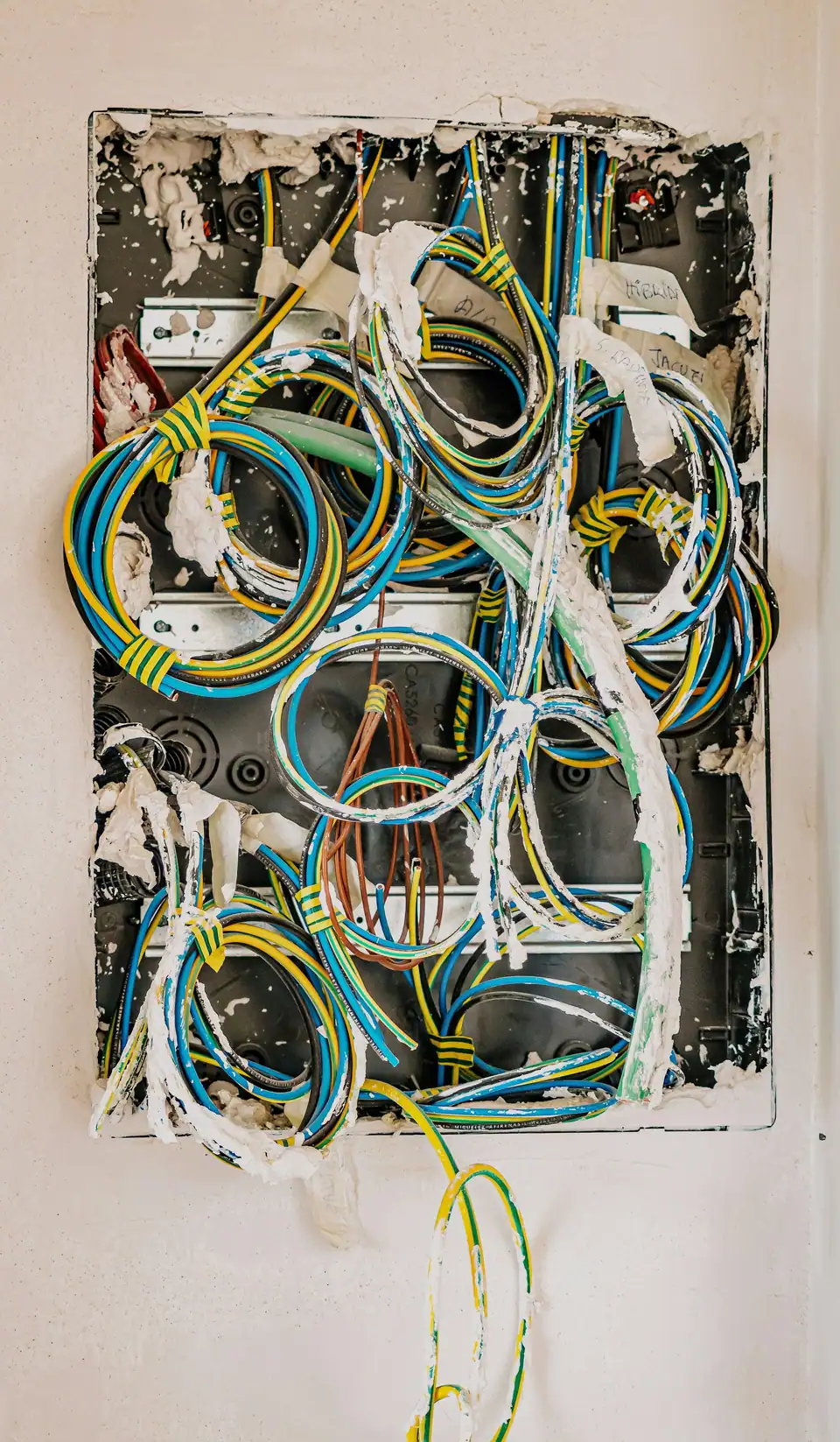 A tangle of old wiring inside an open wall box