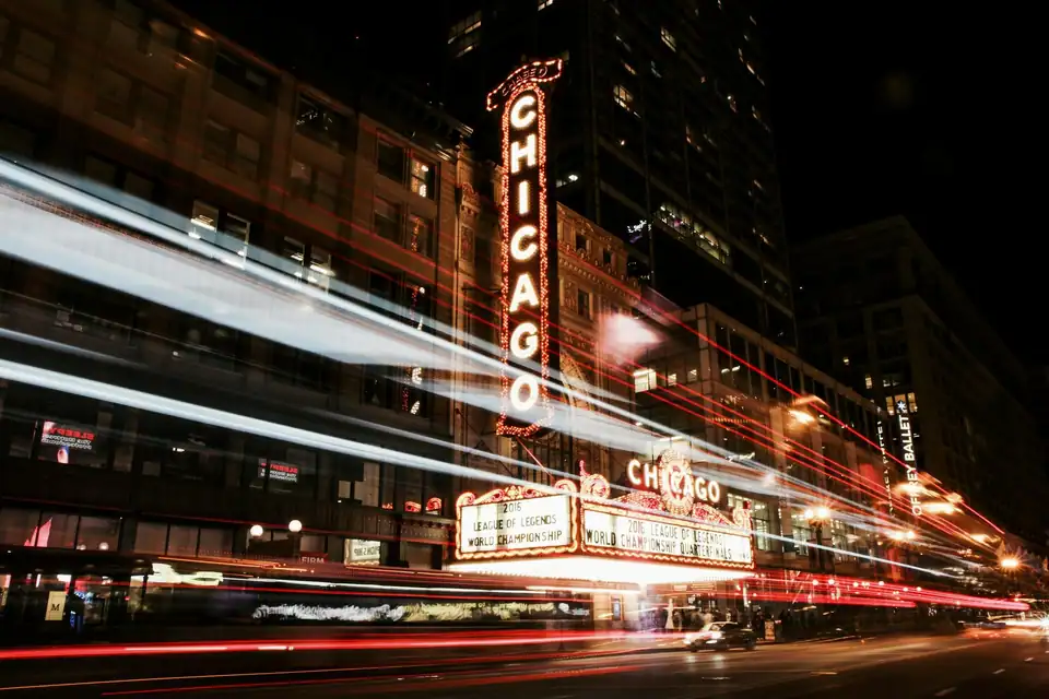 The Chicago Theatre sign at night