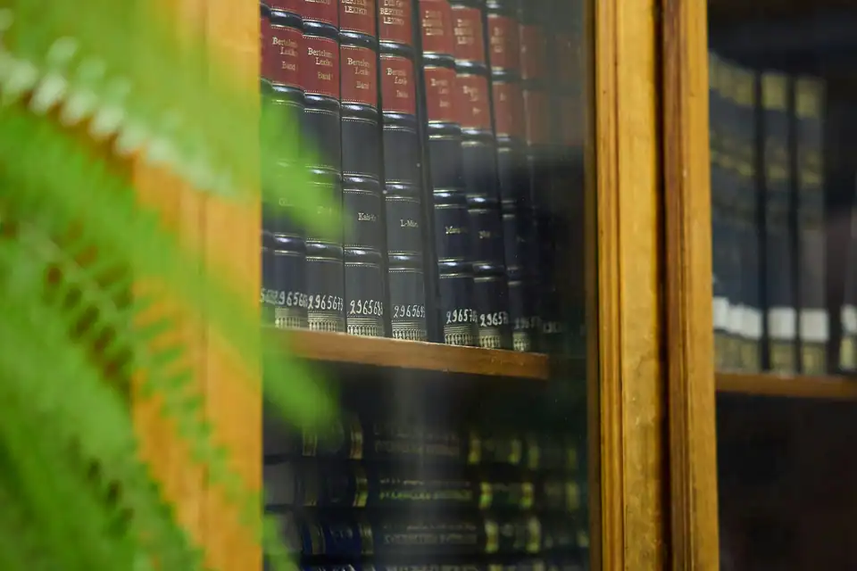 Law books behind glass, a fern in front
